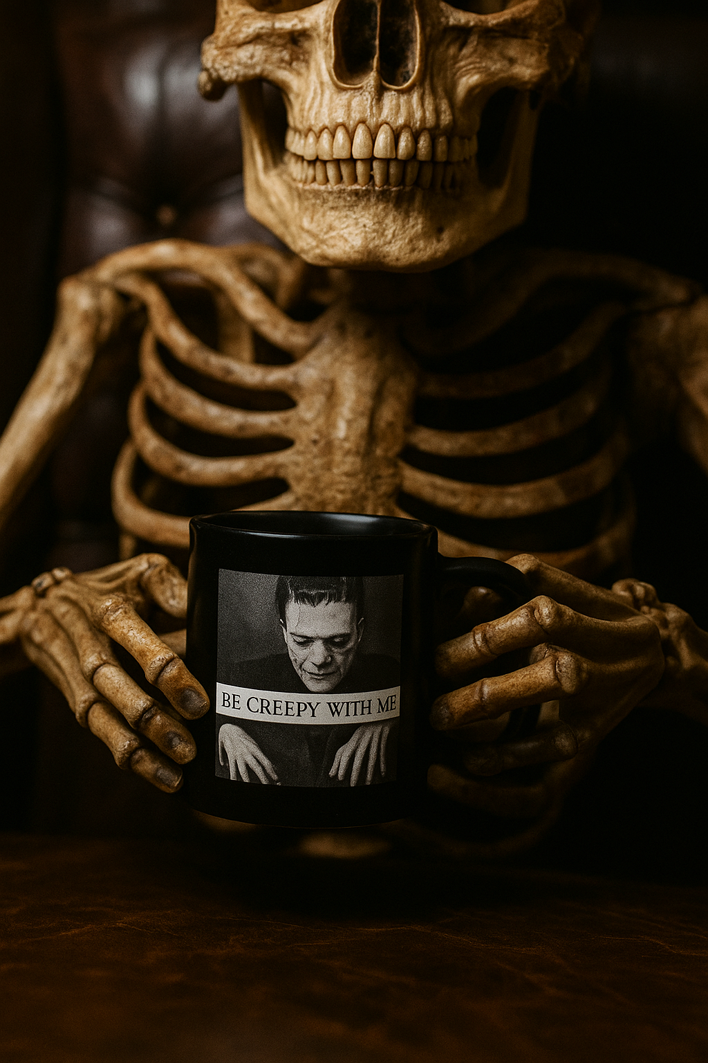 Skeleton holding a horror-themed mug